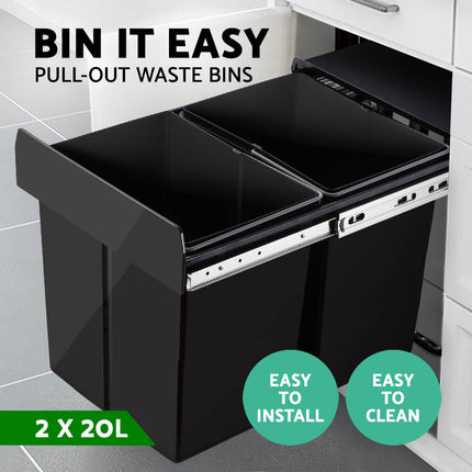 Cefito Pull Out Bin Kitchen Double Basket 2X20L Black.