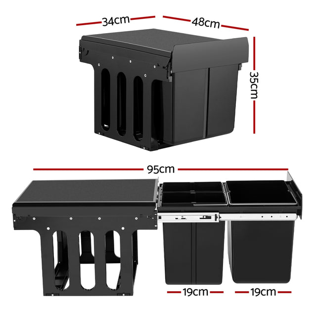 Cefito Pull Out Bin Kitchen Triple Slide Garbage Rubbish Bins Basket Blcak 31L.