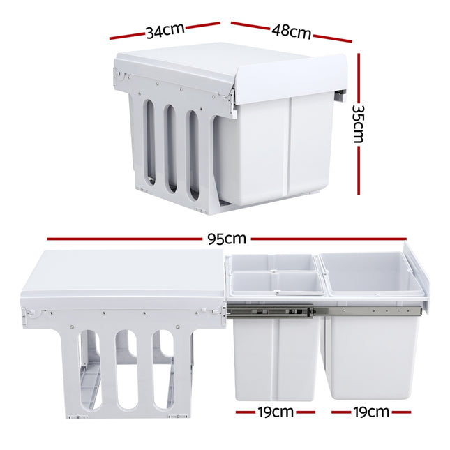 Cefito Pull Out Bin Kitchen Triple Slide Garbage Rubbish Bins Basket White 31L.