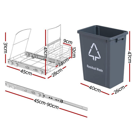 Cefito Pull Out Bin Kitchen Cabinet Slide Garbage Rubbish Bins Basket 40L Grey.