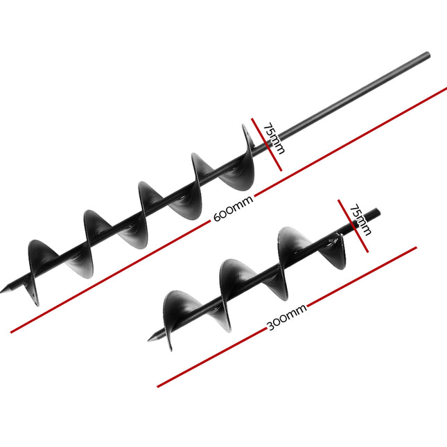 Giantz Power Garden Spiral Auger Hole Digger Earth Drill Bit Φ75x300 & 600mm.