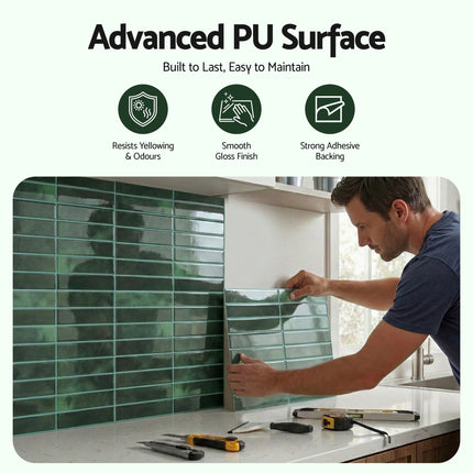 Artiss 3D Peel and Stick Wall Tiles Self Adhesive LinearGrid Backsplash 10 Sheets, Green.
