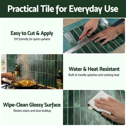 Artiss 3D Peel and Stick Wall Tiles Self Adhesive LinearGrid Backsplash 10 Sheets, Green.