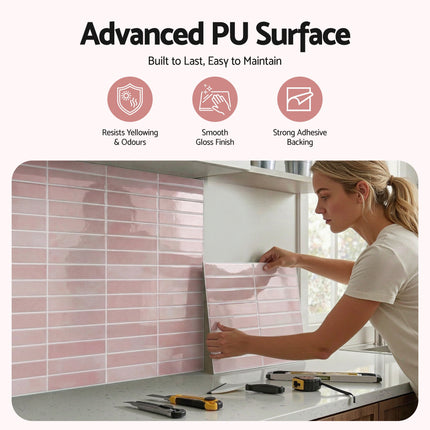 Artiss 3D Peel and Stick Wall Tiles Self Adhesive LinearGrid Backsplash 10 Sheets, Pink.