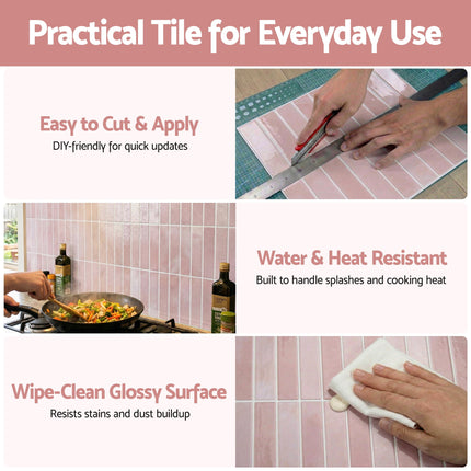 Artiss 3D Peel and Stick Wall Tiles Self Adhesive LinearGrid Backsplash 10 Sheets, Pink.