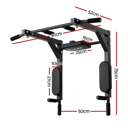 Everfit Pull Up Bar Dip Station Multi Gym 150kg Home Power Station Black Red.