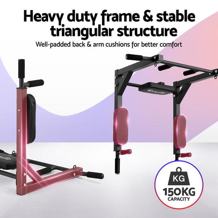 Everfit Pull Up Bar Dip Station Multi Gym 150kg Home Power Station Black Red.