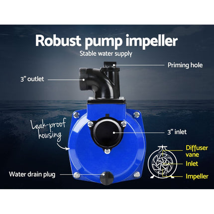 Giantz 3" Petrol Water Pump 7HP Max 4-Stroke 210cc High Flow 60,000L/H Max Transfer Engine, Fire Fighting Irrigation Rain Tank Pond Garden Farm, Includes Hose Fittings Inlet Filter & Rubber Feet, Blue.