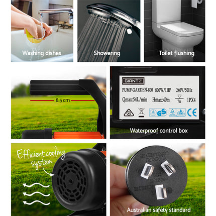Giantz Garden Water Pump High Pressure 800W Max. Tank Rain Farm Irrigation House Black.