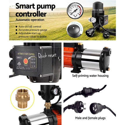 Giantz 1800W Max 5-Stage Garden Water Pump High Pressure Irrigation Booster Pump, Automatic Multi-Stage External Sprinkler Pump for Rainwater Tank Transfer, Home Farm Lawn, Black.