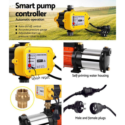 Giantz 1800W Max 5-Stage Garden Water Pump High Pressure Irrigation Booster Pump, Automatic Multi-Stage External Sprinkler Pump for Rainwater Tank Transfer, Home Farm Lawn, Yellow.