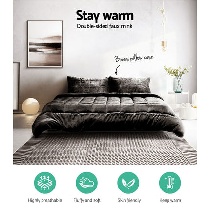 Giselle Bedding Faux Mink Quilt Charcoal Double.