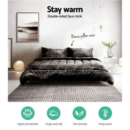 Giselle Bedding Faux Mink Quilt Charcoal Queen.