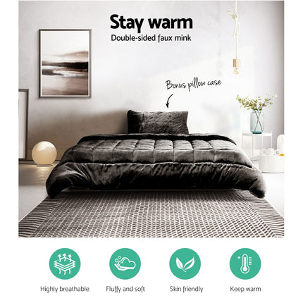Giselle Bedding Faux Mink Quilt Charcoal Single.