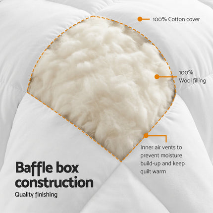 Giselle Bedding Wool Quilt 500GSM Thick Queen Winter Doona Baffle Box Construction 100% Wool Filling.