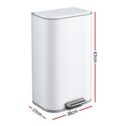 Cefito Kitchen Trash Can 40L Pedal Bins Rubbish Bin Steel with Soft Close Lid, Removable Inner Bucket, Rectangular Garbage Can Recycling Bin, White.