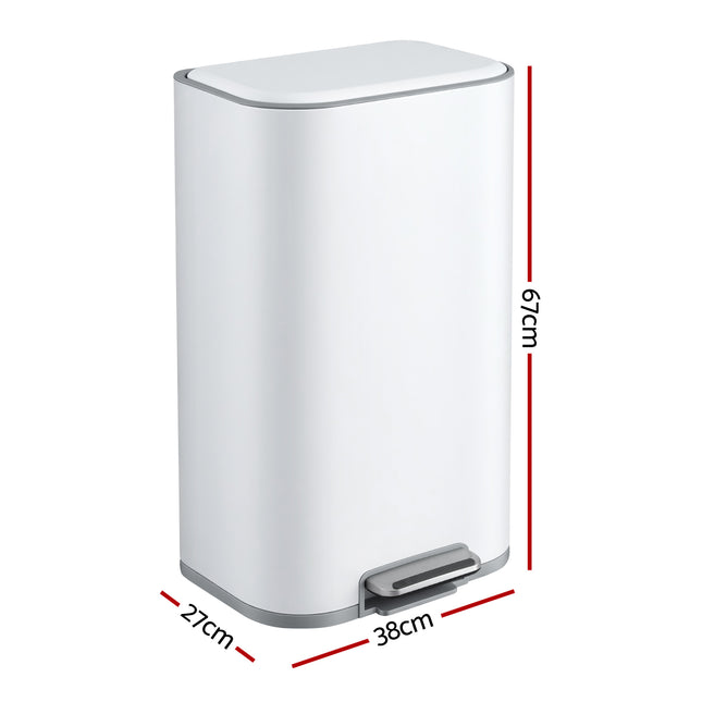 Cefito Kitchen Trash Can 40L Pedal Bins Rubbish Bin Steel with Soft Close Lid, Removable Inner Bucket, Rectangular Garbage Can Recycling Bin, White.