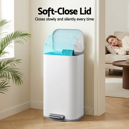 Cefito Kitchen Trash Can 40L Pedal Bins Rubbish Bin Steel with Soft Close Lid, Removable Inner Bucket, Rectangular Garbage Can Recycling Bin, White.