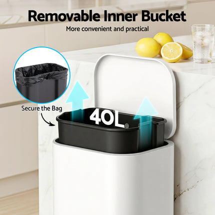 Cefito Kitchen Trash Can 40L Pedal Bins Rubbish Bin Steel with Soft Close Lid, Removable Inner Bucket, Rectangular Garbage Can Recycling Bin, White.