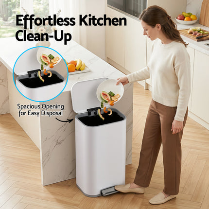 Cefito Kitchen Trash Can 40L Pedal Bins Rubbish Bin Steel with Soft Close Lid, Removable Inner Bucket, Rectangular Garbage Can Recycling Bin, White.
