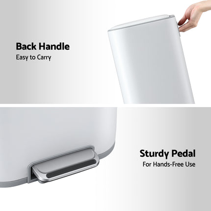 Cefito Kitchen Trash Can 40L Pedal Bins Rubbish Bin Steel with Soft Close Lid, Removable Inner Bucket, Rectangular Garbage Can Recycling Bin, White.
