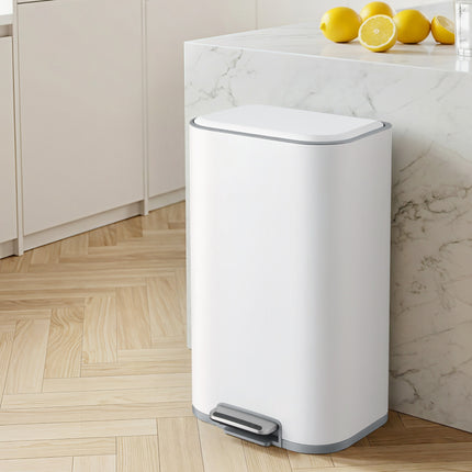 Cefito Kitchen Trash Can 40L Pedal Bins Rubbish Bin Steel with Soft Close Lid, Removable Inner Bucket, Rectangular Garbage Can Recycling Bin, White.