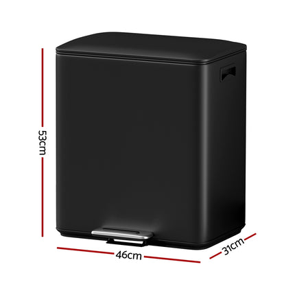 Cefito Pedal Bins Rubbish Bin Dual Compartment Waste Recycle Dustbins 40L Black.