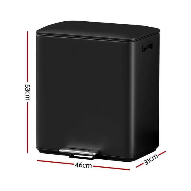 Cefito Pedal Bins Rubbish Bin Dual Compartment Waste Recycle Dustbins 40L Black.