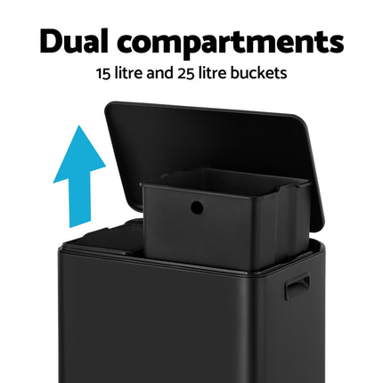 Cefito Pedal Bins Rubbish Bin Dual Compartment Waste Recycle Dustbins 40L Black.