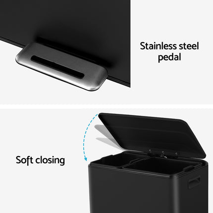 Cefito Pedal Bins Rubbish Bin Dual Compartment Waste Recycle Dustbins 40L Black.