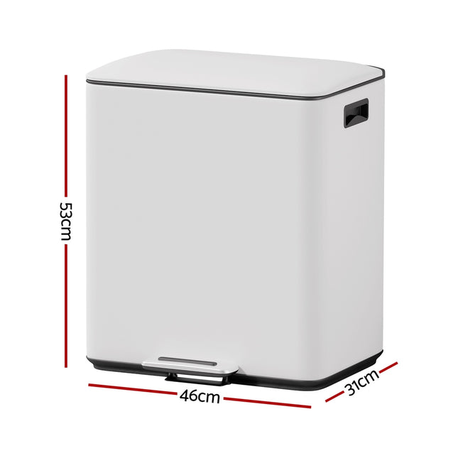 Cefito Pedal Bins Rubbish Bin Dual Compartment Waste Recycle Dustbins 40L White.