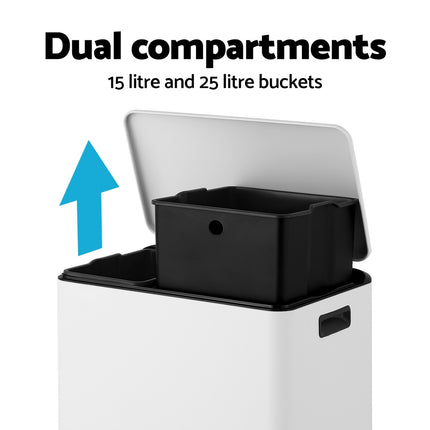 Cefito Pedal Bins Rubbish Bin Dual Compartment Waste Recycle Dustbins 40L White.