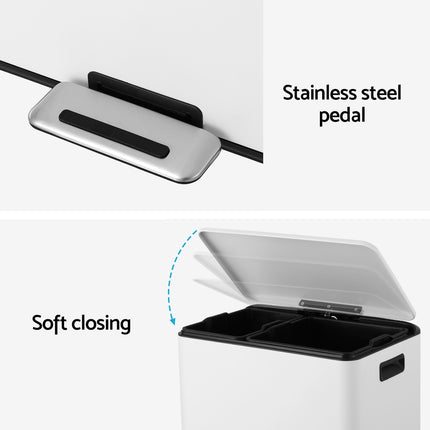 Cefito Pedal Bins Rubbish Bin Dual Compartment Waste Recycle Dustbins 40L White.