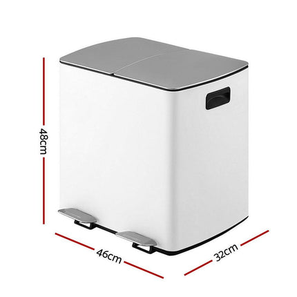 Cefito Pedal Bins Rubbish Bin Dual Compartment Waste Recycle Dustbins 40L White.