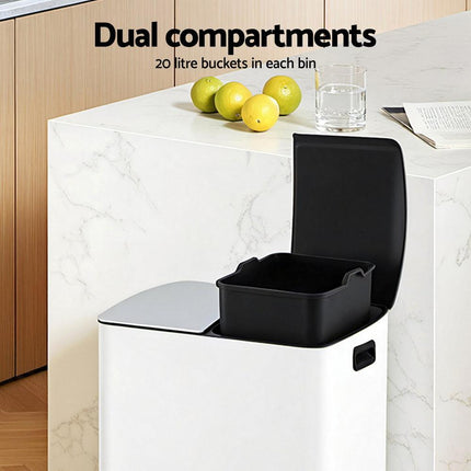 Cefito Pedal Bins Rubbish Bin Dual Compartment Waste Recycle Dustbins 40L White.