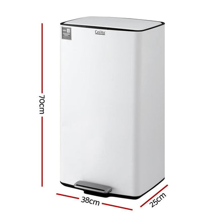 Cefito Pedal Bins Rubbish Bin Waste Recycle Dustbins Kitchen Trash Can 40L White.
