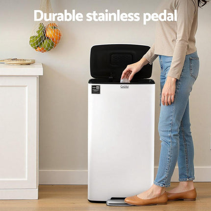 Cefito Pedal Bins Rubbish Bin Waste Recycle Dustbins Kitchen Trash Can 40L White.