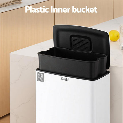 Cefito Pedal Bins Rubbish Bin Waste Recycle Dustbins Kitchen Trash Can 40L White.
