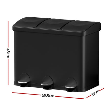 Cefito Pedal Bins Rubbish Bin Triple Compartments Waste Recycle Dustbins 45L.