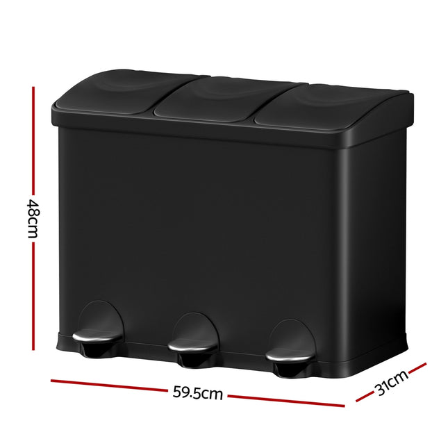Cefito Pedal Bins Rubbish Bin Triple Compartments Waste Recycle Dustbins 45L.
