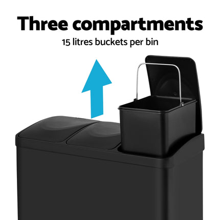 Cefito Pedal Bins Rubbish Bin Triple Compartments Waste Recycle Dustbins 45L.