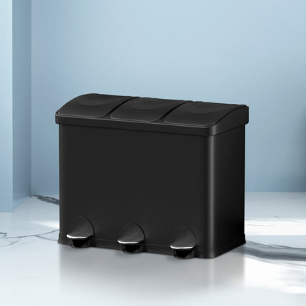 Cefito Pedal Bins Rubbish Bin Triple Compartments Waste Recycle Dustbins 45L.