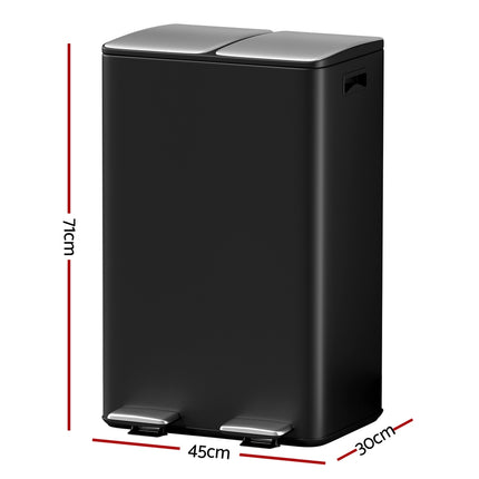 Cefito Pedal Bins Rubbish Bin Dual Compartment Waste Recycle Dustbins 60L Black.