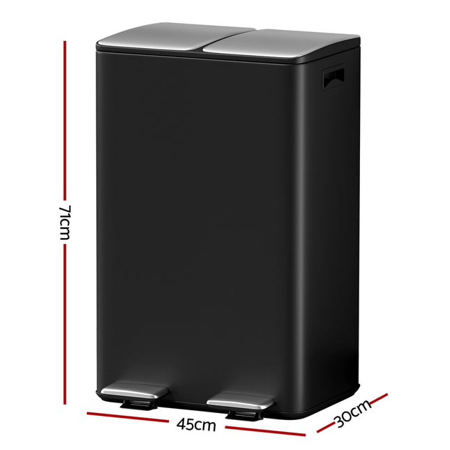 Cefito Pedal Bins Rubbish Bin Dual Compartment Waste Recycle Dustbins 60L Black.