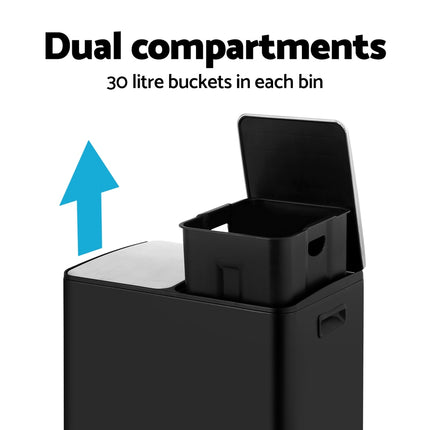 Cefito Pedal Bins Rubbish Bin Dual Compartment Waste Recycle Dustbins 60L Black.