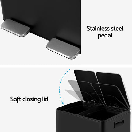 Cefito Pedal Bins Rubbish Bin Dual Compartment Waste Recycle Dustbins 60L Black.