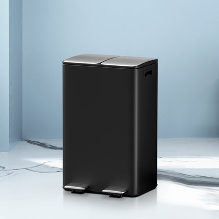 Cefito Pedal Bins Rubbish Bin Dual Compartment Waste Recycle Dustbins 60L Black.