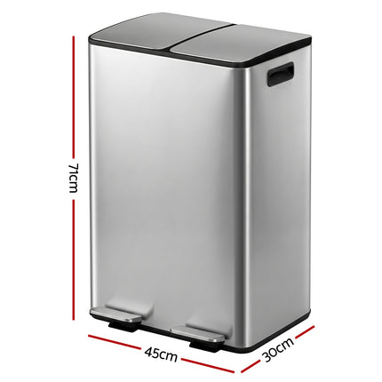 Cefito Pedal Bins Rubbish Bin Dual Compartment Waste Recycle Dustbins 60L Silver.