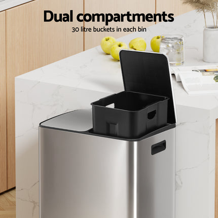 Cefito Pedal Bins Rubbish Bin Dual Compartment Waste Recycle Dustbins 60L Silver.