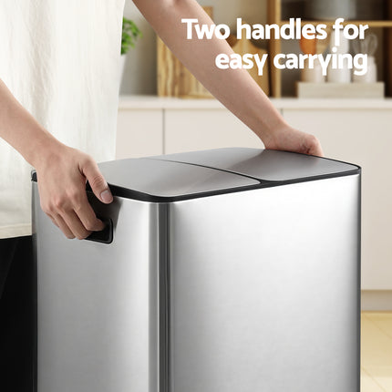 Cefito Pedal Bins Rubbish Bin Dual Compartment Waste Recycle Dustbins 60L Silver.